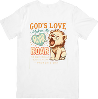 Thumbnail for Gods Love Makes Me Roar Lion T-Shirt | Christian Faith Inspirational Graphic Tee | Church Gift