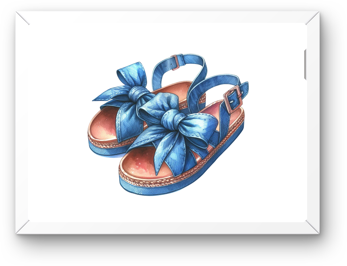 Blue Bow Sandals Wall Art | Watercolor Fashion Footwear Print | Girly Closet Gift