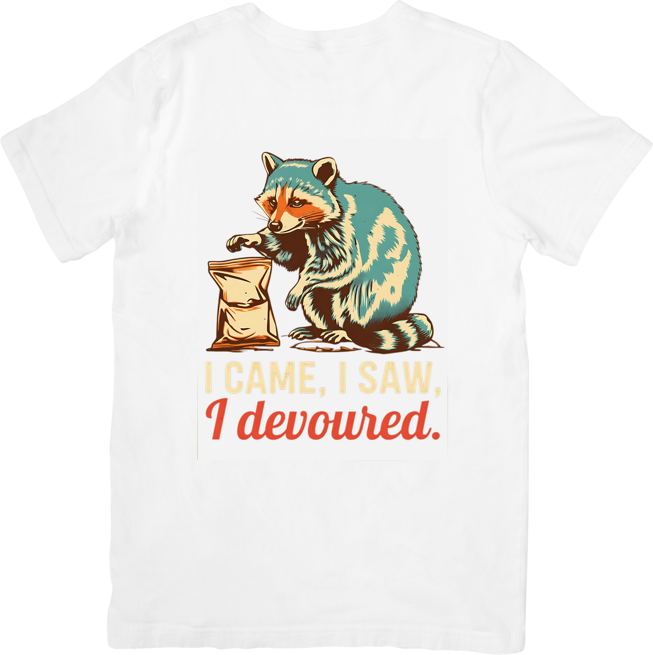 Raccoon I Came I Saw I Devoured T-Shirt | Funny Retro Animal Graphic Tee | Food Lover Gift