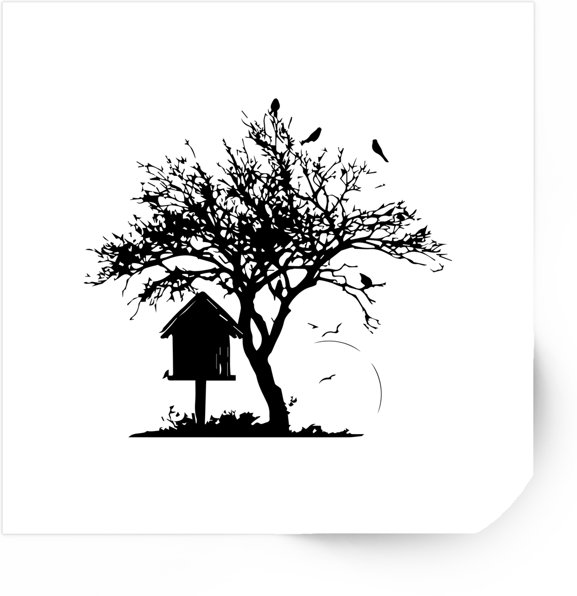 Birdhouse Tree Silhouette Sticker | Black Nature Scene Vinyl Decal | Bird Lover Gift