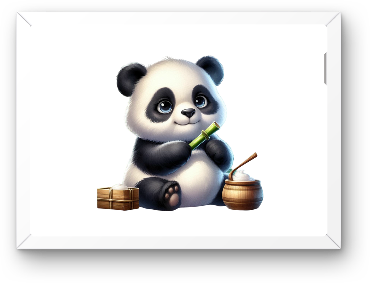 Panda With Rice Bowl Wall Art | Cute Cartoon Panda Print | Kids Nursery Decor Gift