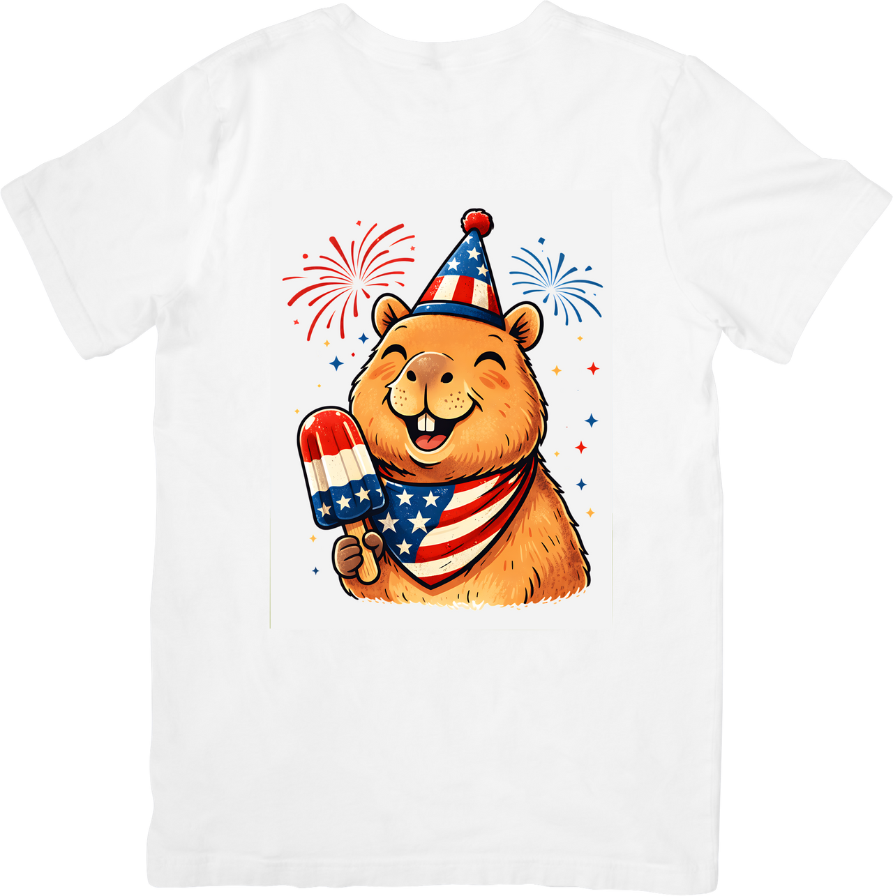 Patriotic Capybara 4th of July T-Shirt | Funny American Flag Fireworks Graphic Tee | Independence Day Gift